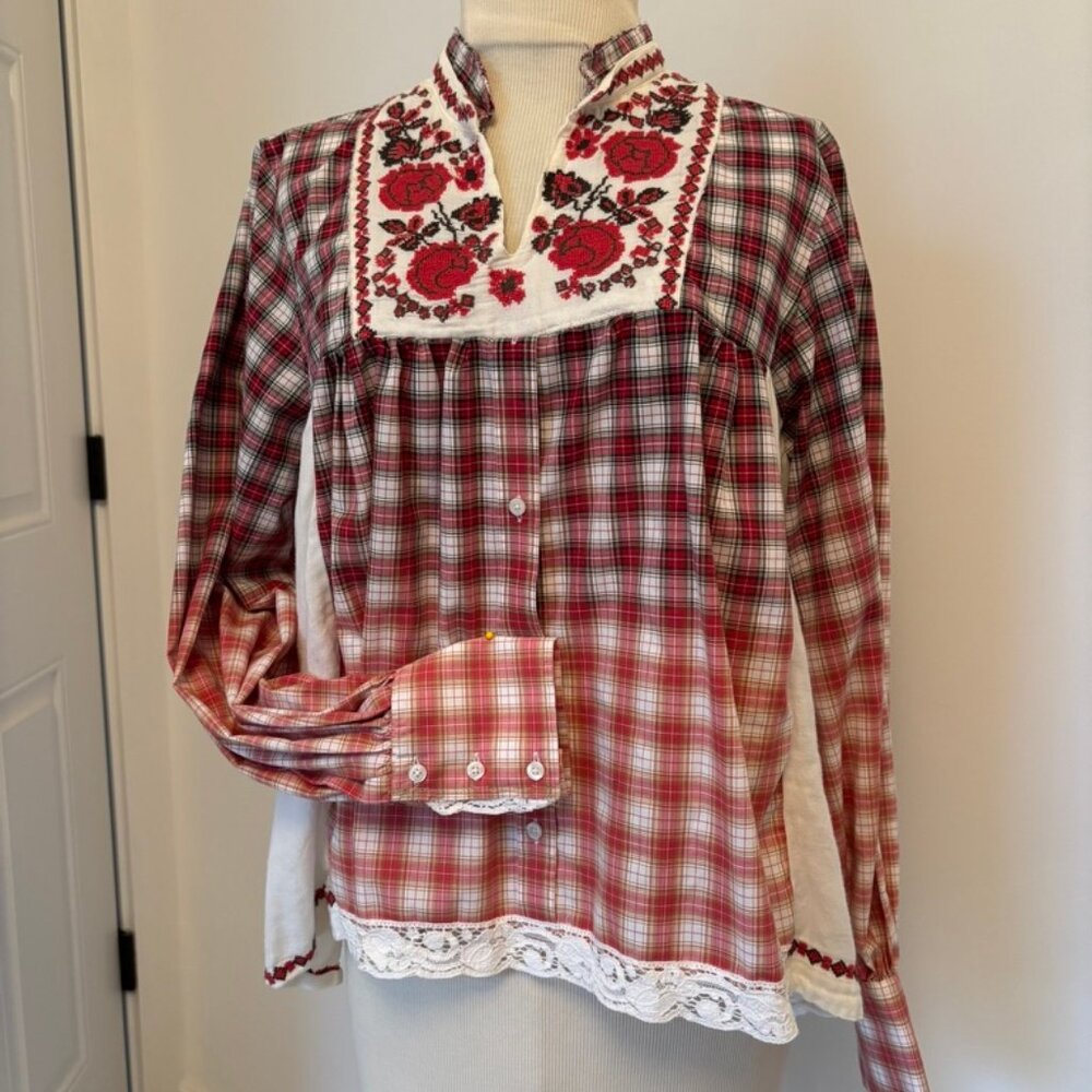 Vintage embroidered yoke plaid babydoll blouse